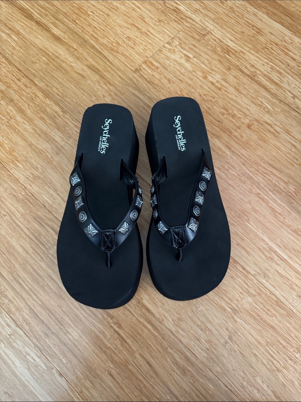 Seychelles Black Embellished Flip Flop Sandals